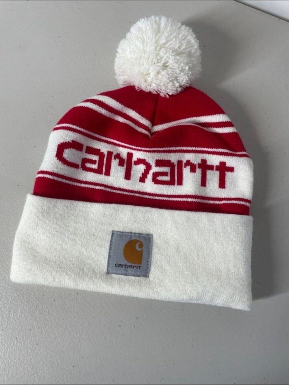 Carhartt Adult Red White Pom-Pom Beanie Winter Toque One Size Unisex